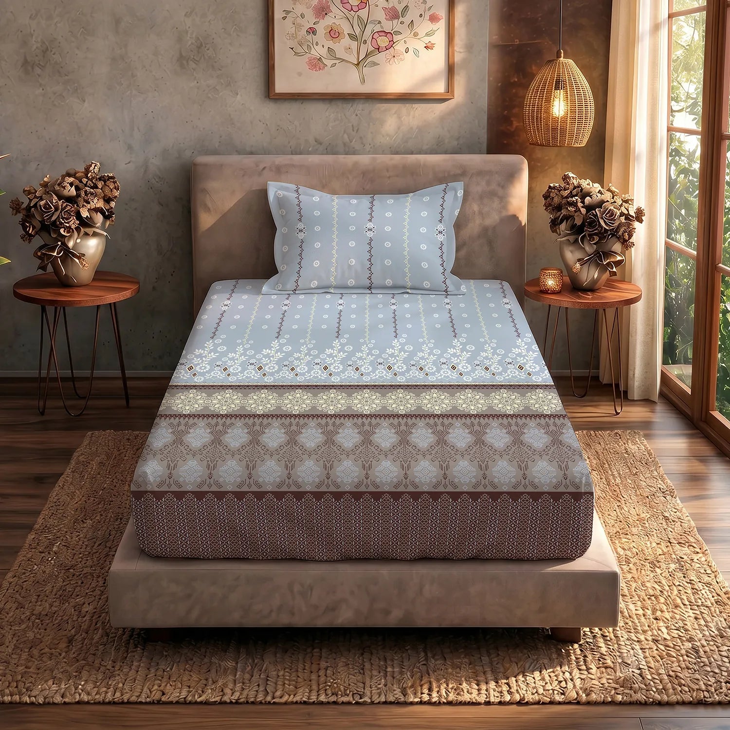 Serene 200 TC 100% Cotton Single Bedsheet with Pillow Covers - Origami Brown