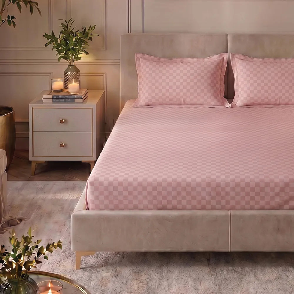 300 TC Super Soft King Bedsheet, Self Woven Cubes Design - Dusty Pink Cubes
