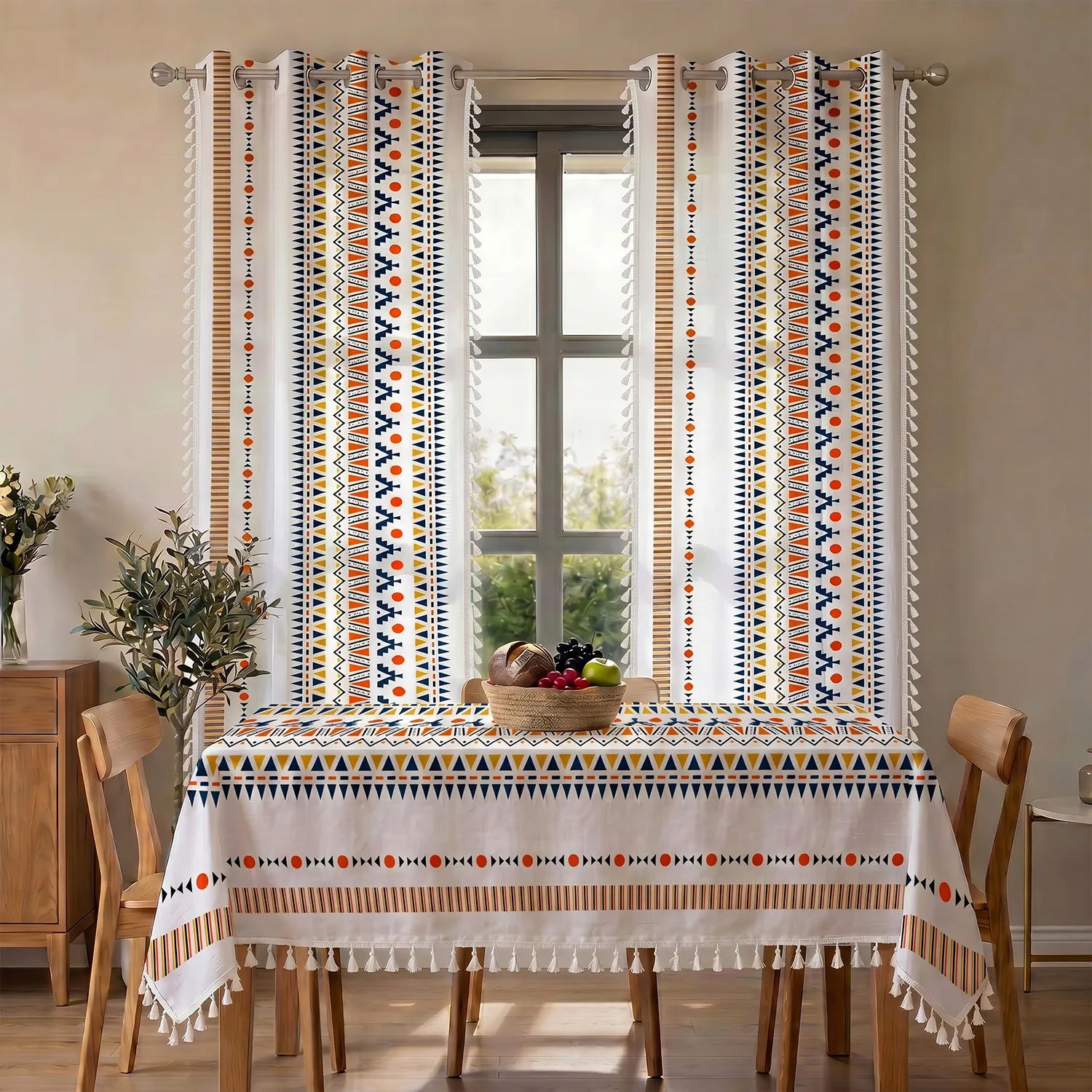 100% Cotton Pack of 2 Curtains & Table Cover Combo for Living Room - Ikat