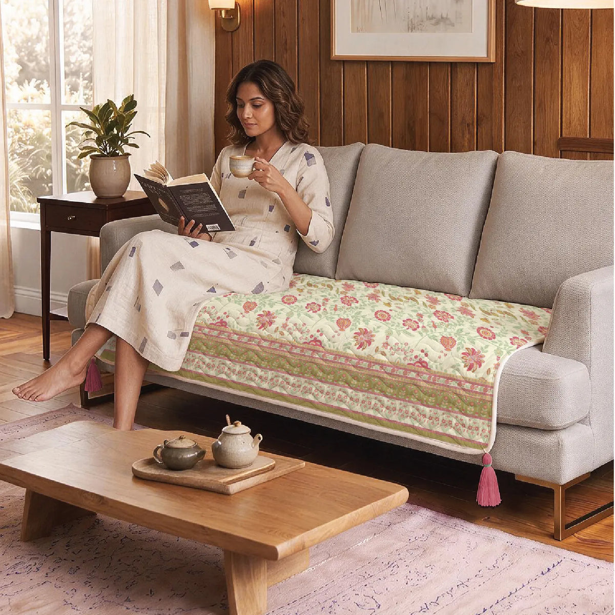 Anti Skid Quilted & Printed Velvet Sofa Mats with Tassels - Gulbagh