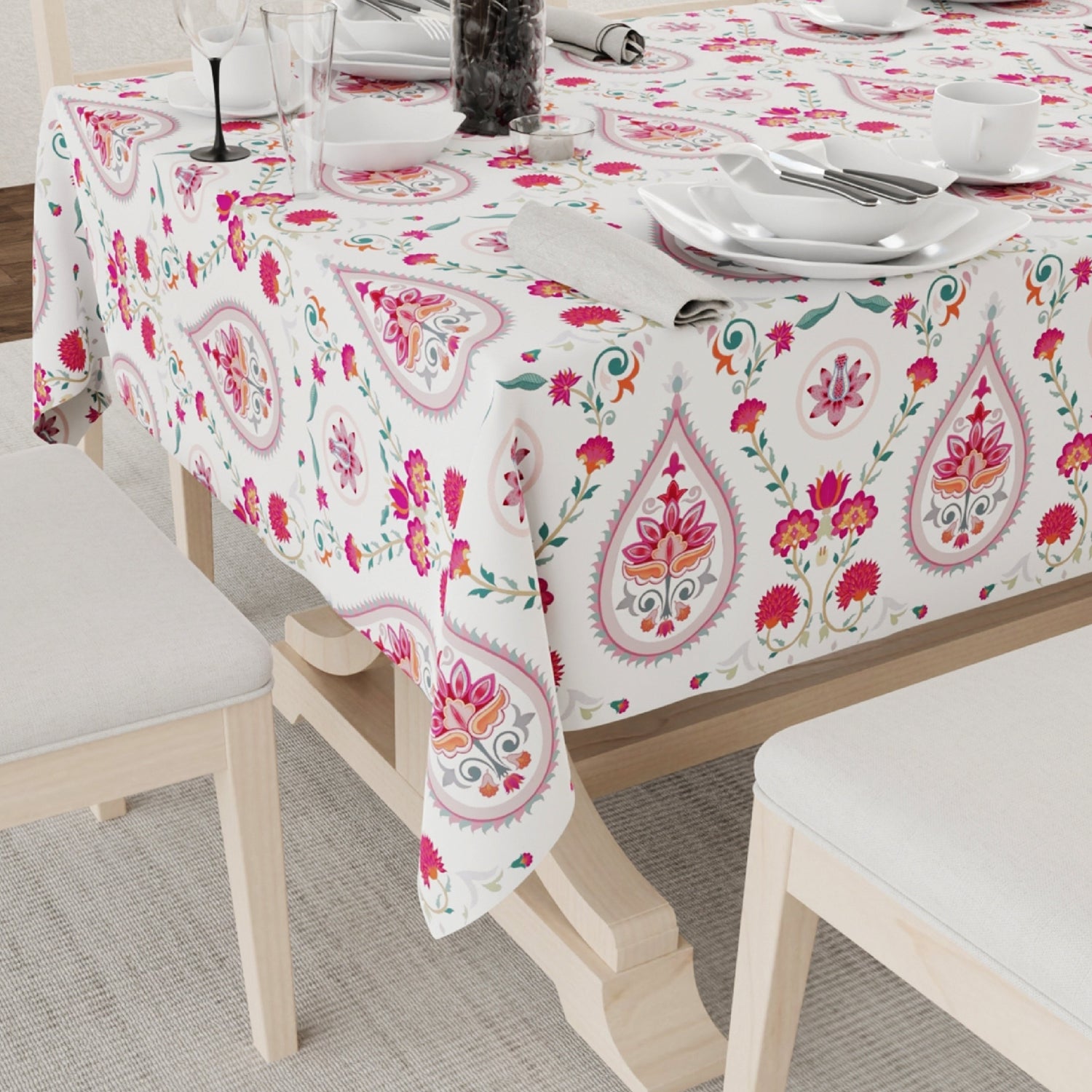 Digital Printed Table Cover - Water Resistant, Full Size Table Cloth - Persian Courtyard Pink