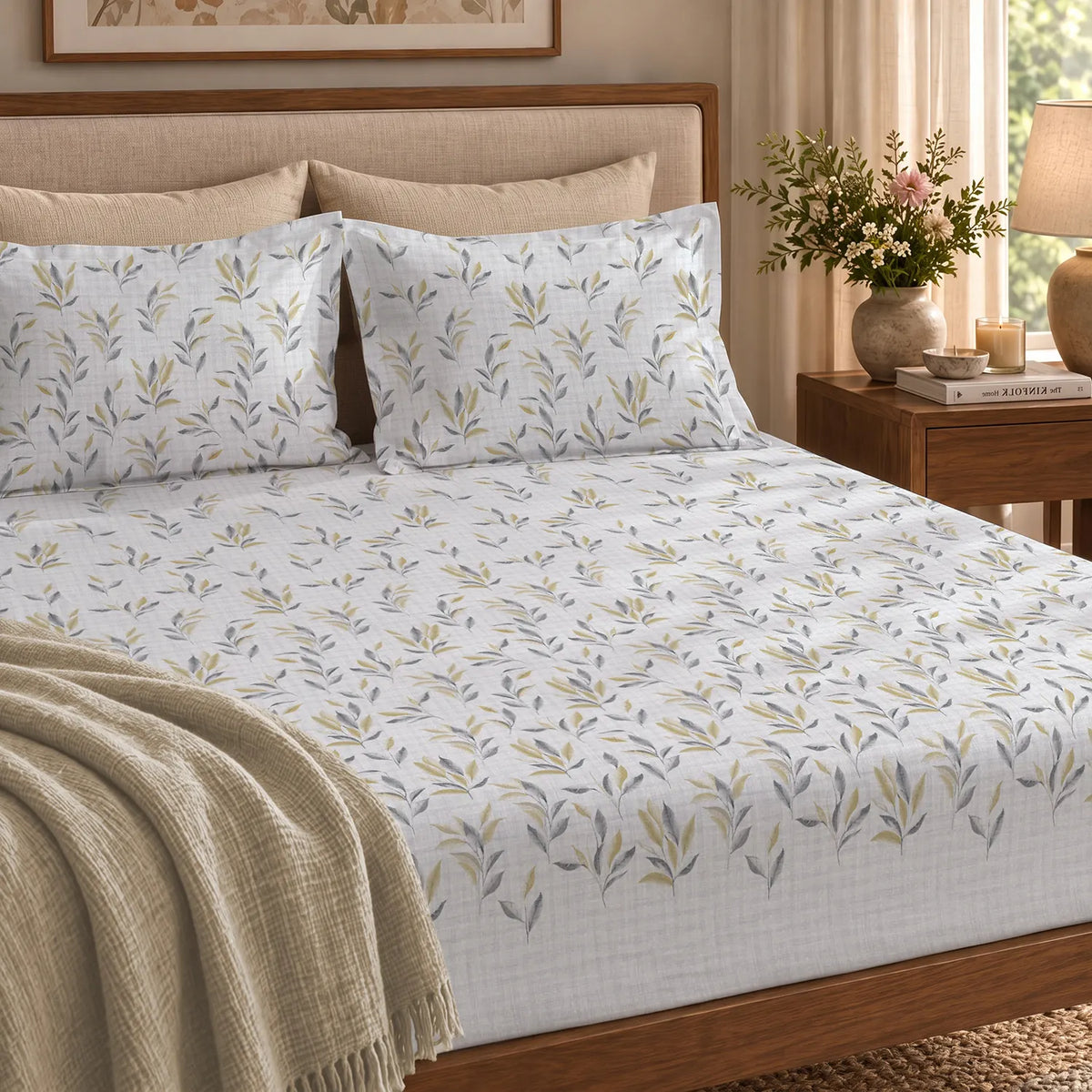 220 TC Cotton Percale Bedsheet with Pillow Covers - Balcony Grey