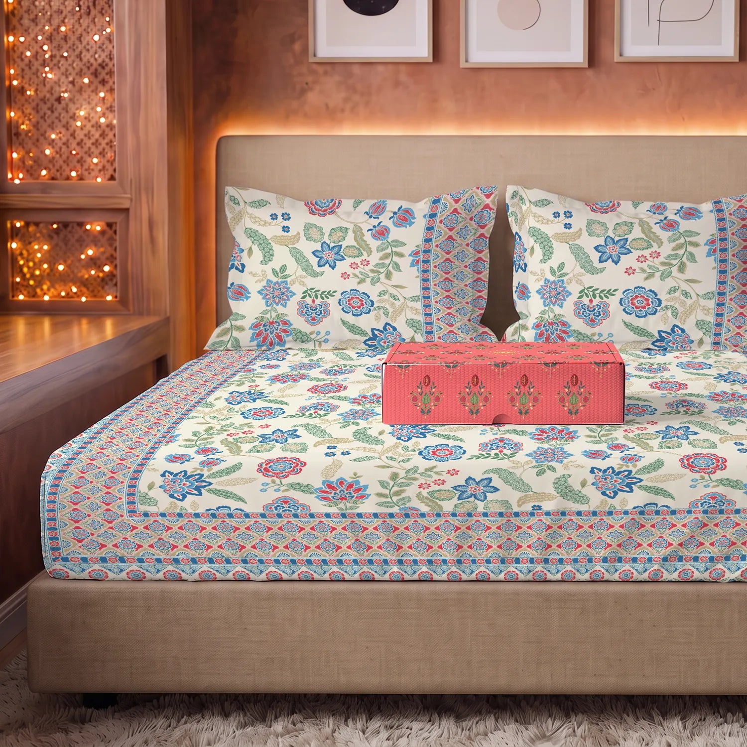 Rajasthani Ethnic 100% Cotton Bedsheet with 2 Pillow Covers in Giftbox, Double Size - Noorjal