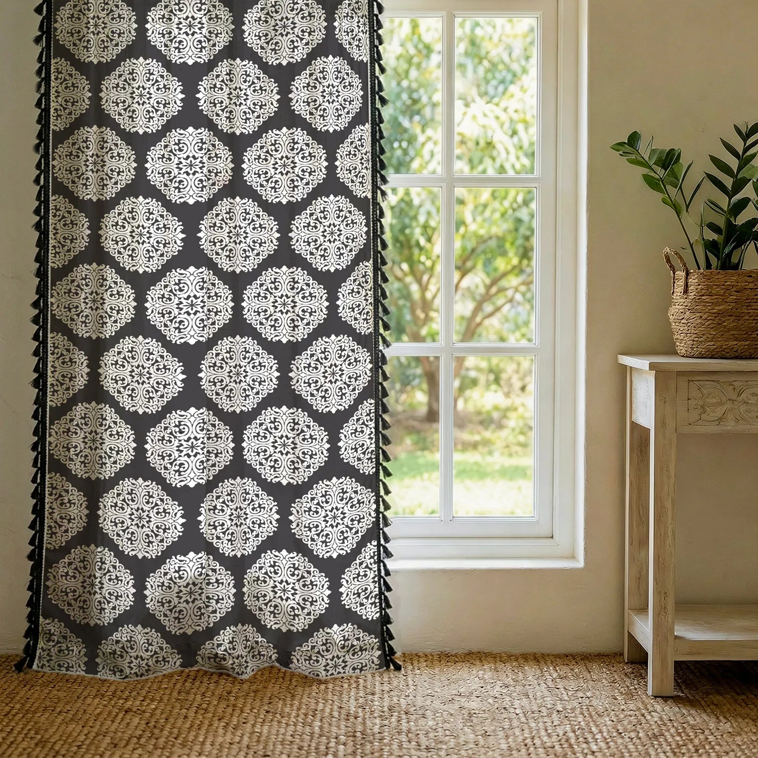 Premium 100% Cotton Curtain for Window & Curtains for Door - Pack of 1 Curtain, New Mandala Grey