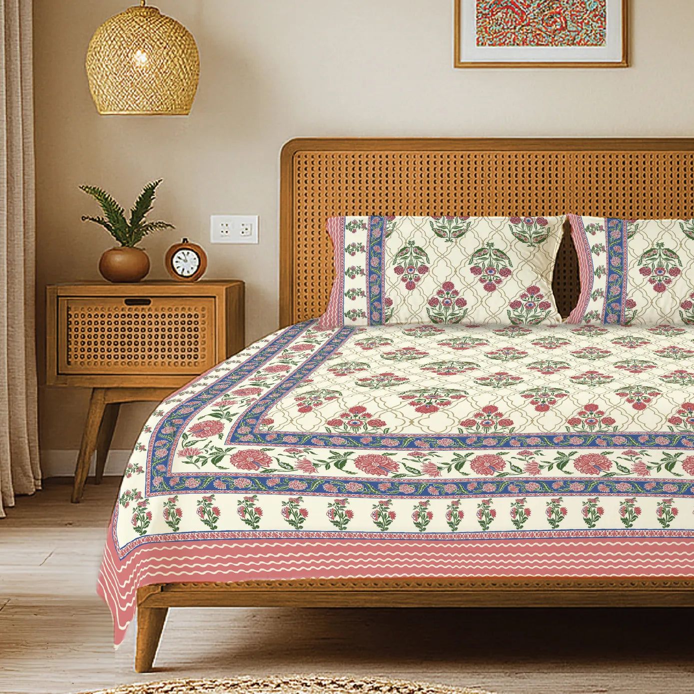 Rajasthani Ethnic 100% Cotton Bedsheet with 2 Pillow Covers - Amberjaal Pink