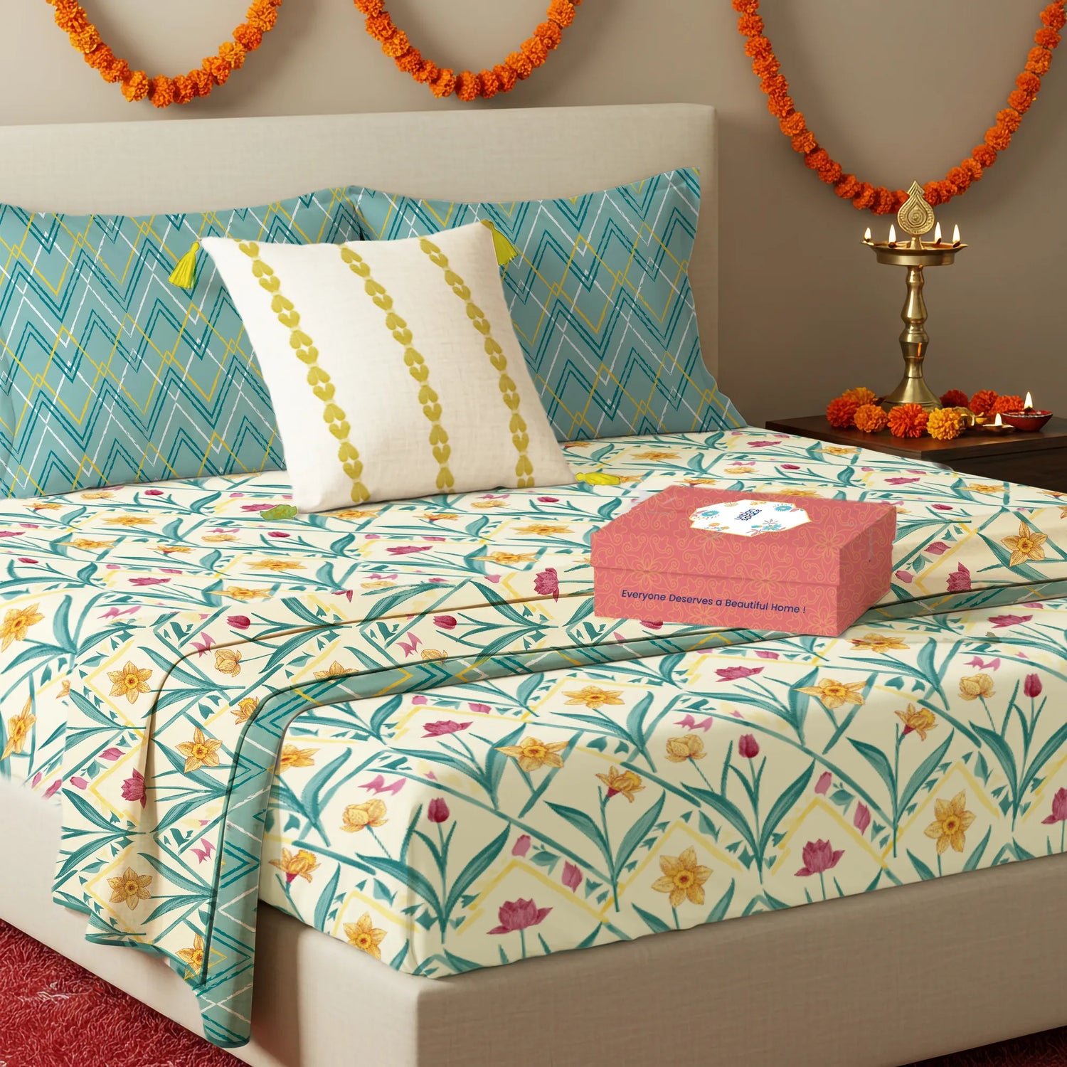 6 Pc Cotton Bedding Set in Gift Box, Spring Turquoise