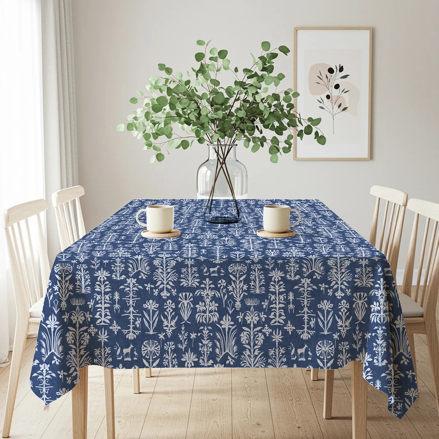 100% Printed Cotton Dining Table Cover for 4 & 6 Seater - Twigs Indigo