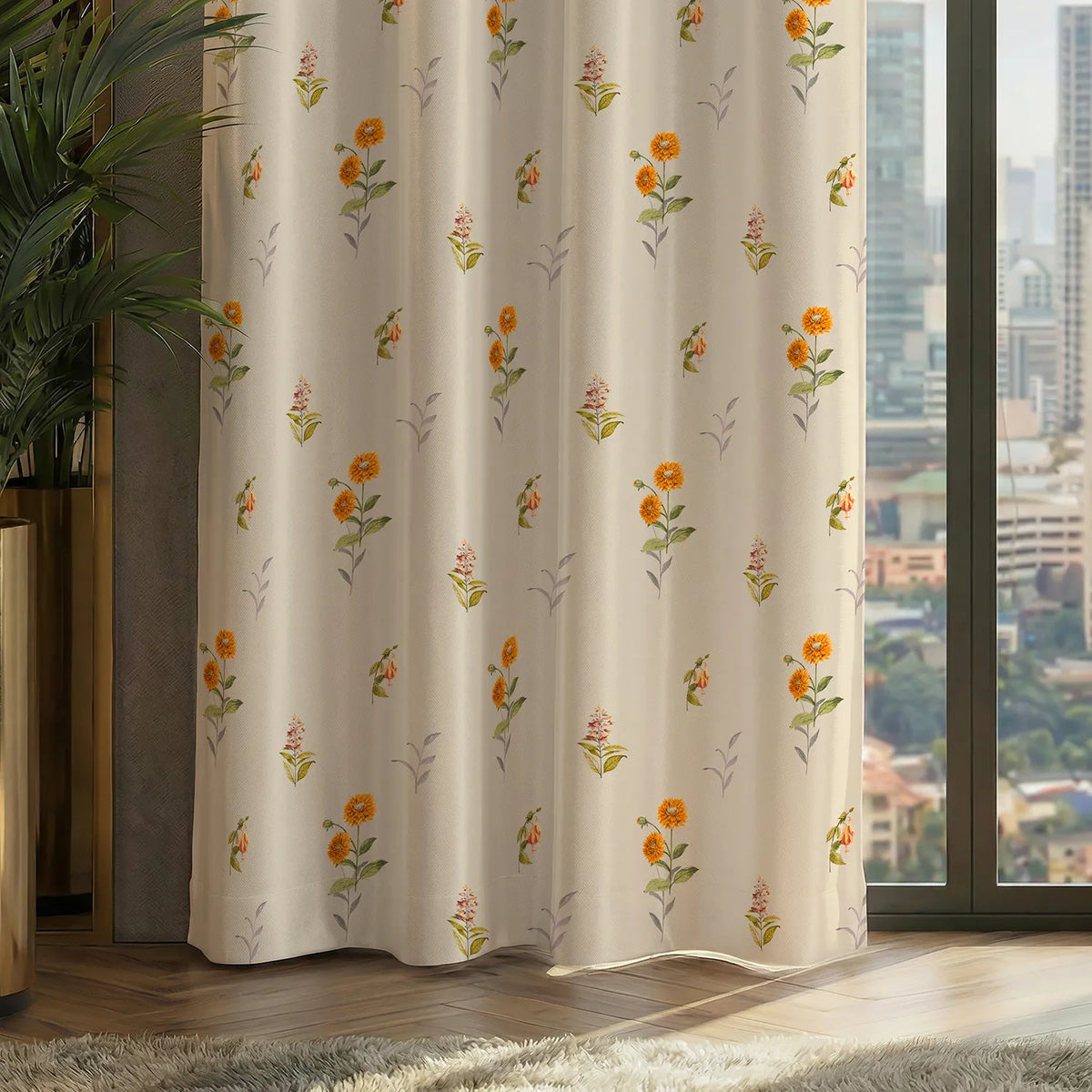 100% Blackout Curtains, Digital Printed Curtains, Pack of 2 Curtains - Cone Flower - Yellow