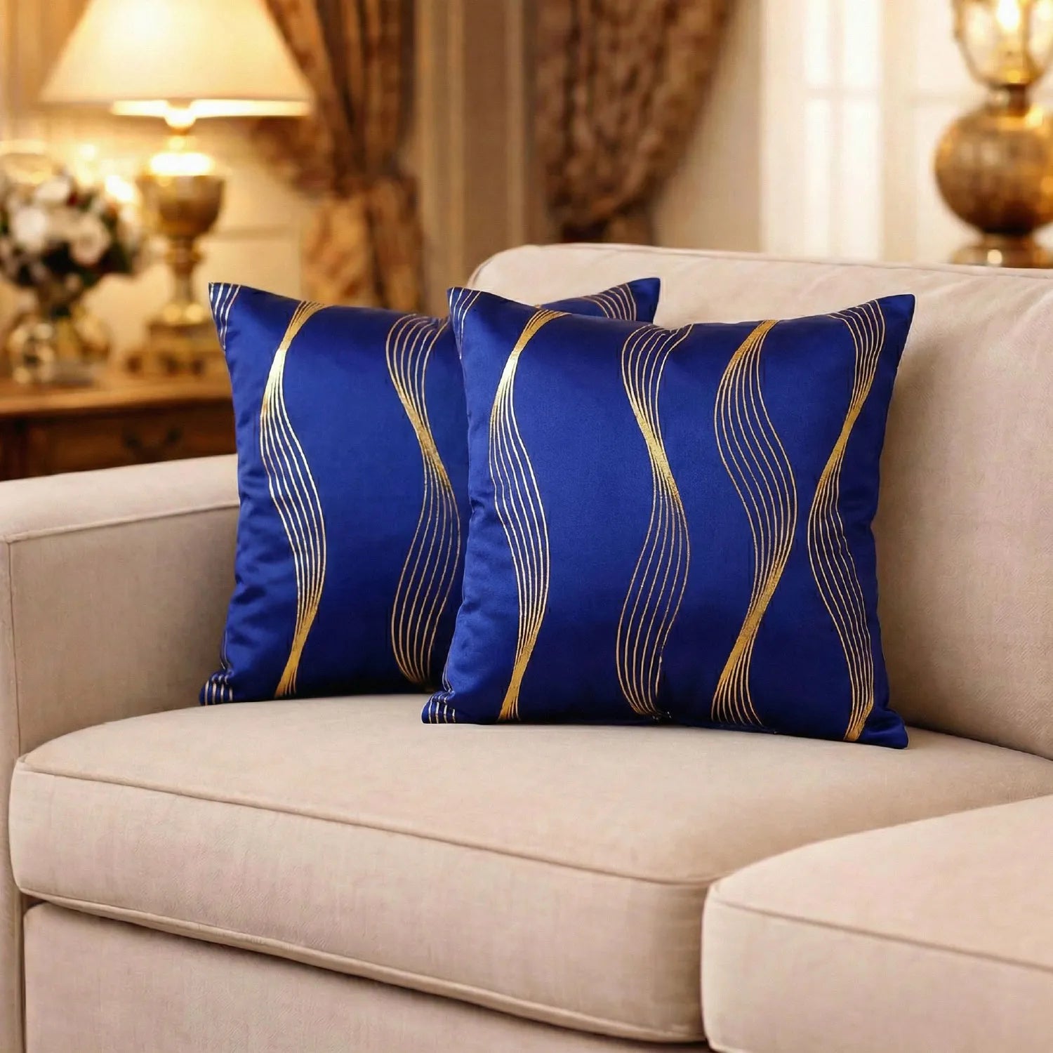Decorative Gold Foil Cushion Cover, for Sofa, Bedroom, Living Room - Set of 2 - Double wave Navy
