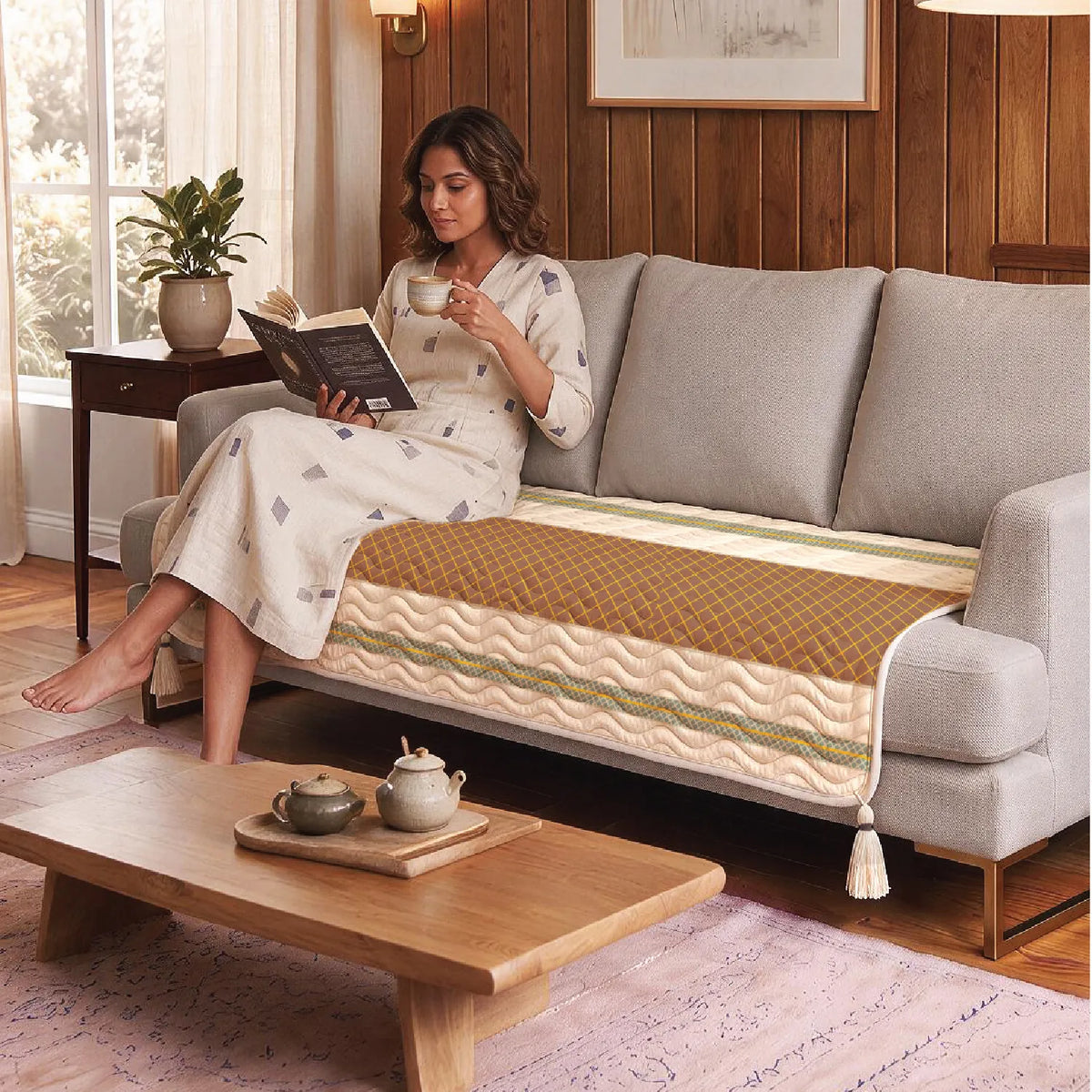 Anti Skid Quilted & Printed Velvet Sofa Mats with Tassels - Zari Jaal Brown