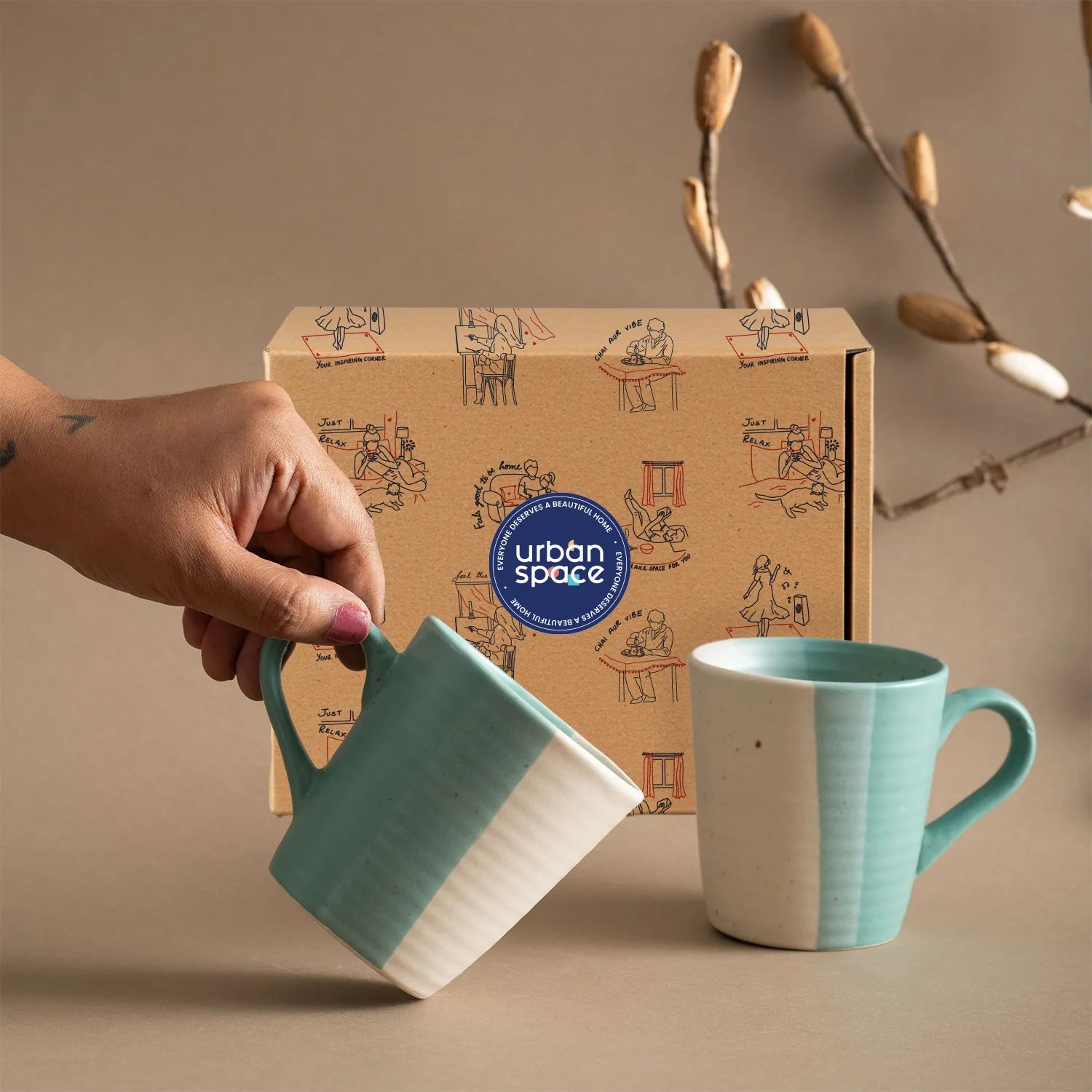 Set of 2 Handmade Ceramic Mugs for Tea & Coffee in a Gift Box - Ocean Green Pearl