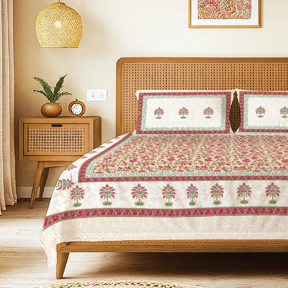 Rajasthani Ethnic 100% Cotton Bedsheet with 2 Pillow Covers, Double & King Bed - Noor Mahal Pink