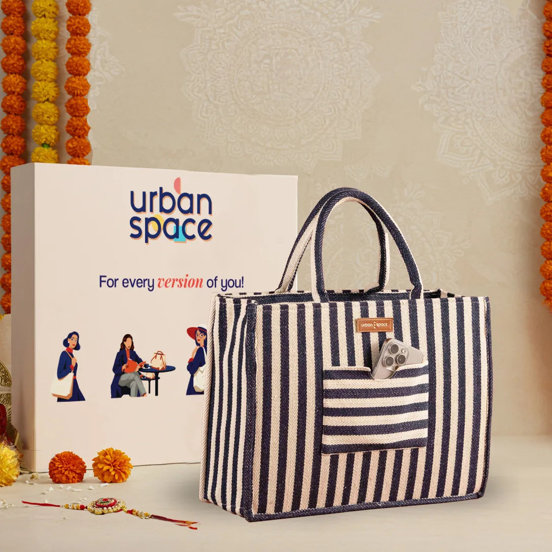 Sustainable Office and Casual Travel Bag for her in Gift Box, Navy Stripes