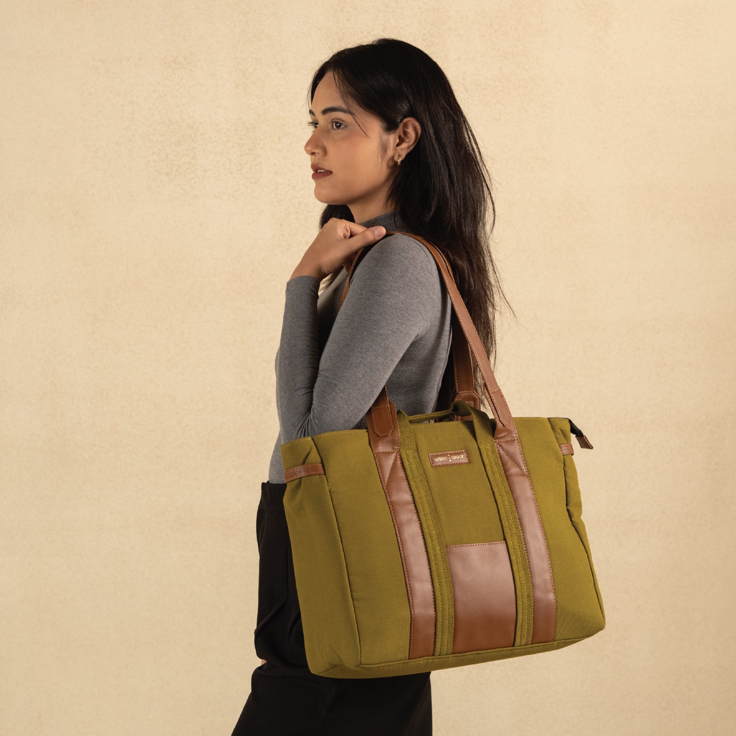 The Atelier - Natural Canvas Tote Bags for Office, Fir Green