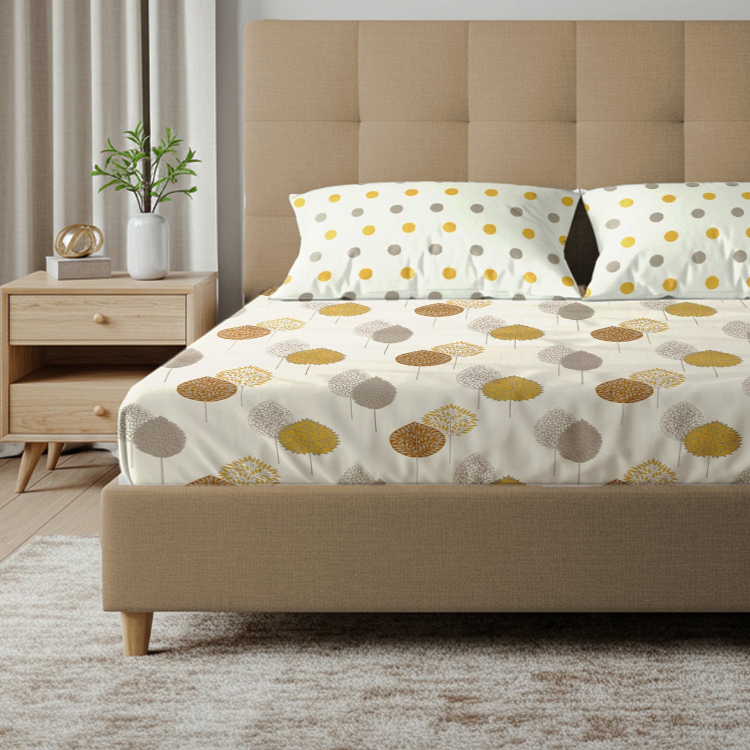 Serene 200 TC 100% Cotton Bedsheet with Pillow Covers - Drops Mustard