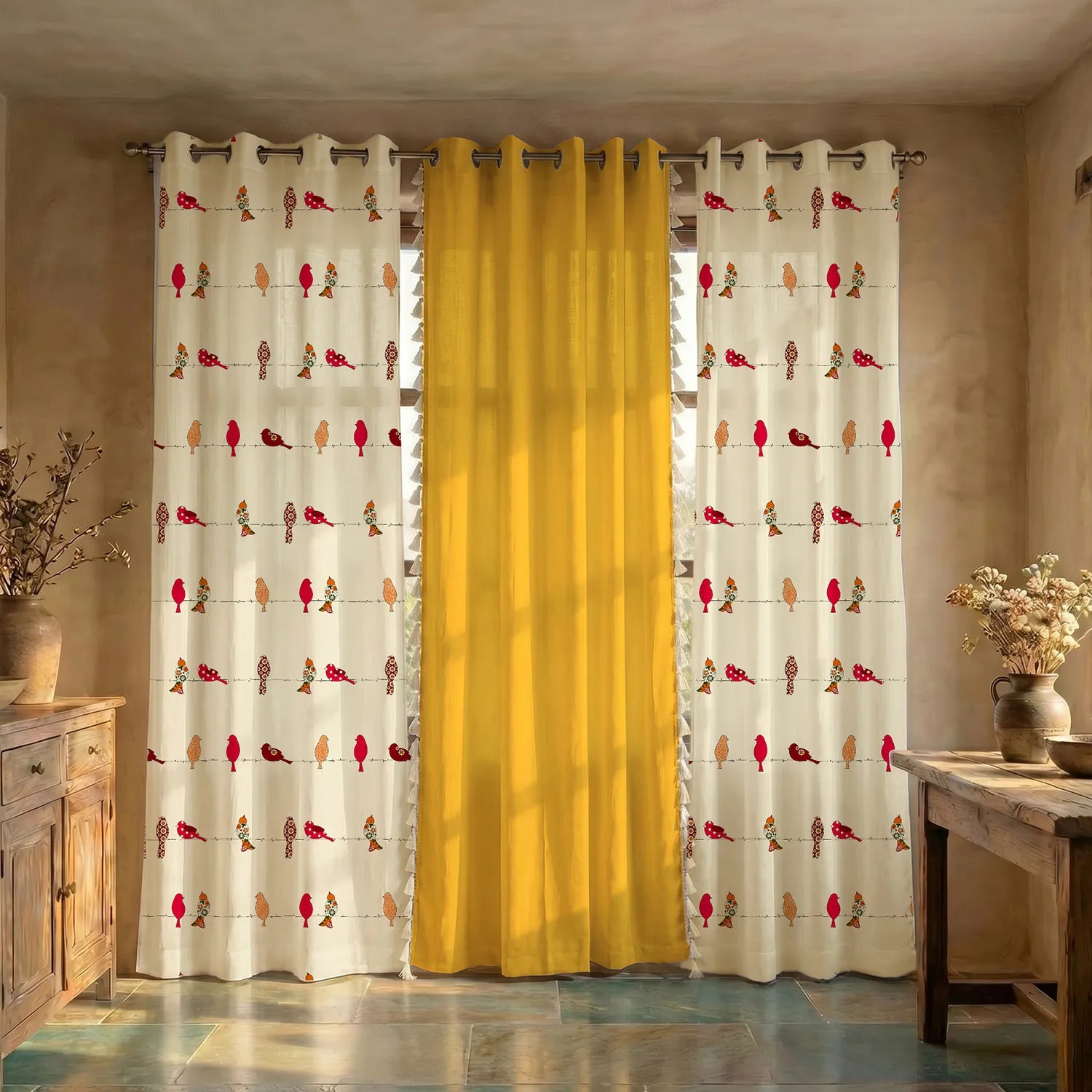 Cotton Curtains Combo, Set of 3 curtains, 60-65% Room Darkening Curtain - Humming Bird Red & Aura Yellow