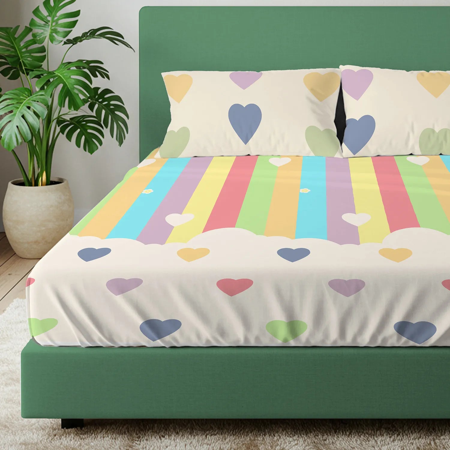 Divine - 100%  Cotton Double Bedsheet with 2 Pillow Covers - Rainbow Hearts