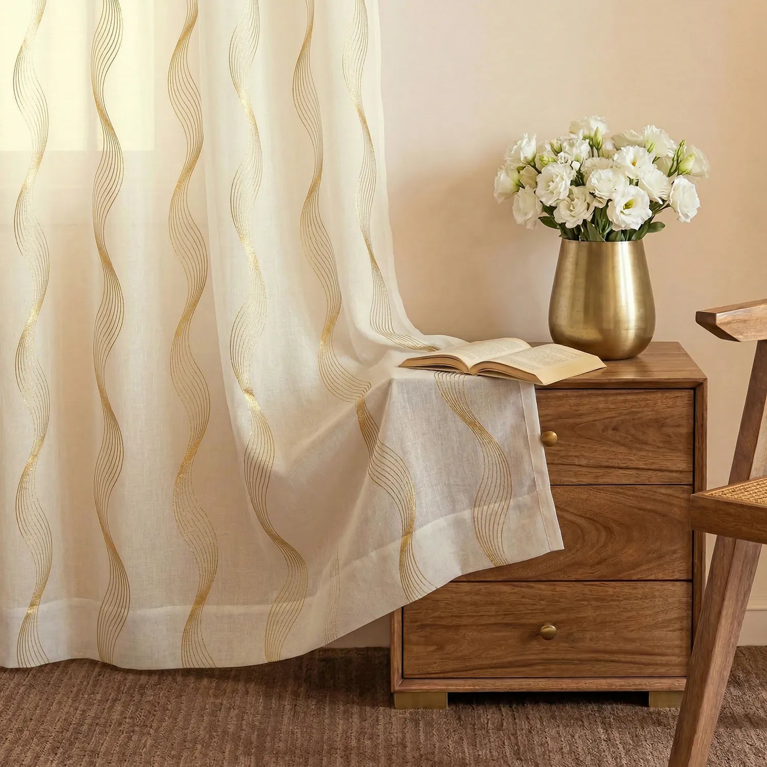 Linen Textured Metallic Gold Foil Sheer Curtains, Pack of 2 Curtains - Double Wave - Buttercream