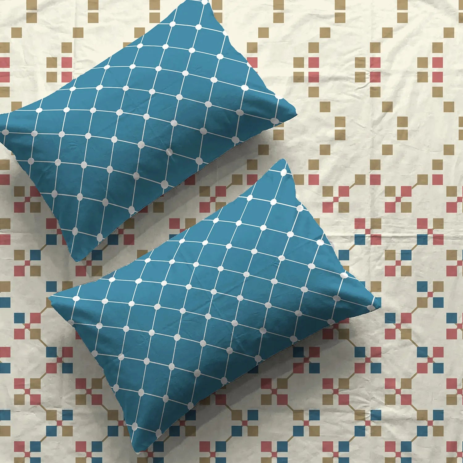 Divine Collection - Cotton Bedsheet With 2 Pillow Covers, Zen Blocks Blue