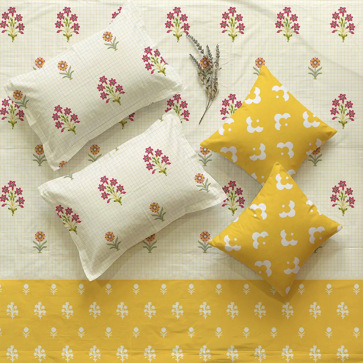 5 PC Cotton Double Bedsheet Set with 2 Pillow + 2 Cushion Covers - Magnolia Yellow