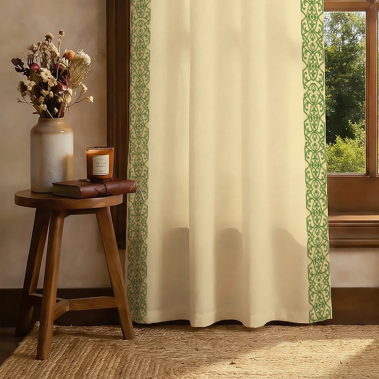 Premium 100% Cotton Curtain for Window & Curtains for Door with Lace Trim - Pack of 1, Beige - Motif Lace Green
