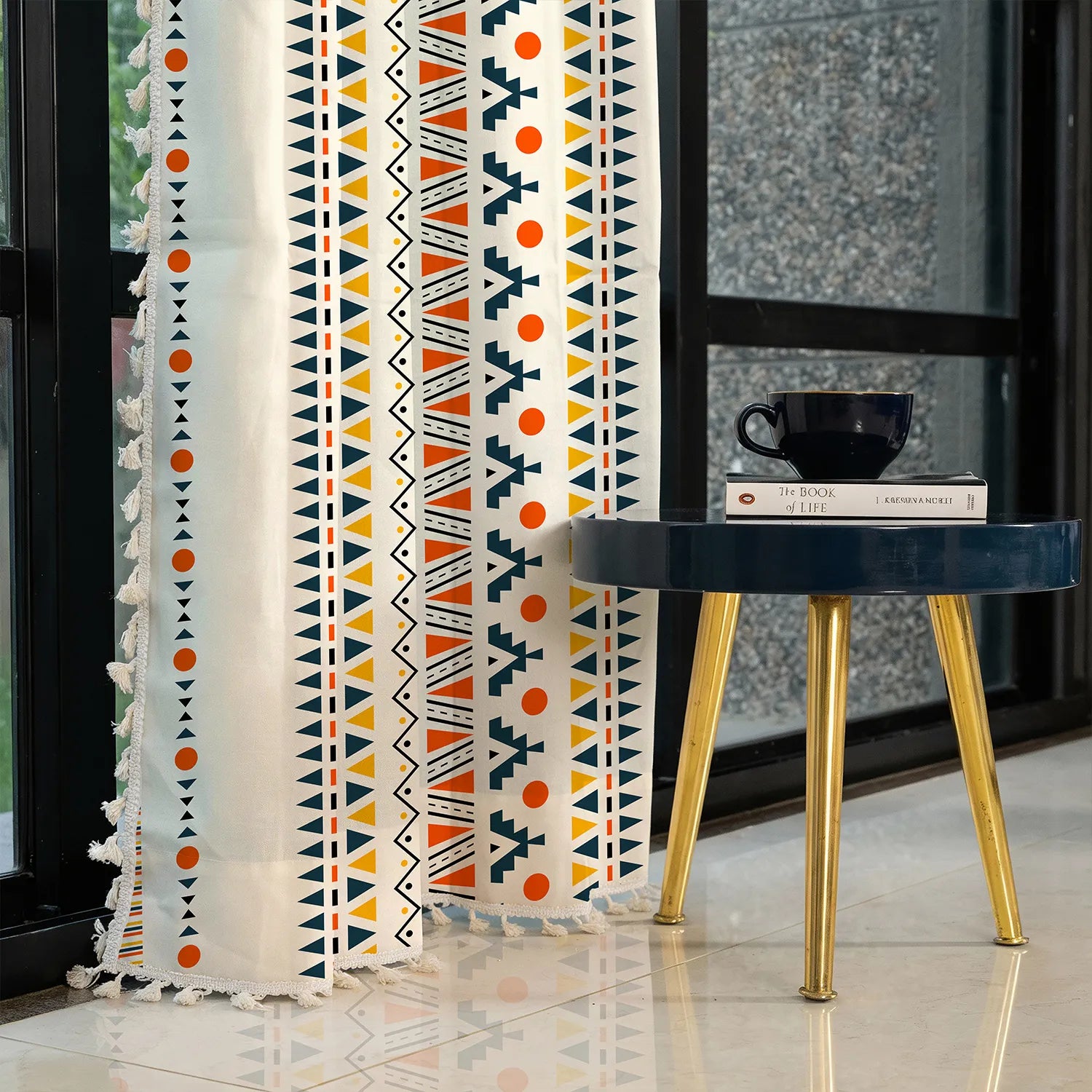 100% Cotton Room Darkening Boho White Curtains, Pack of 1 Curtain - Ikat Orange