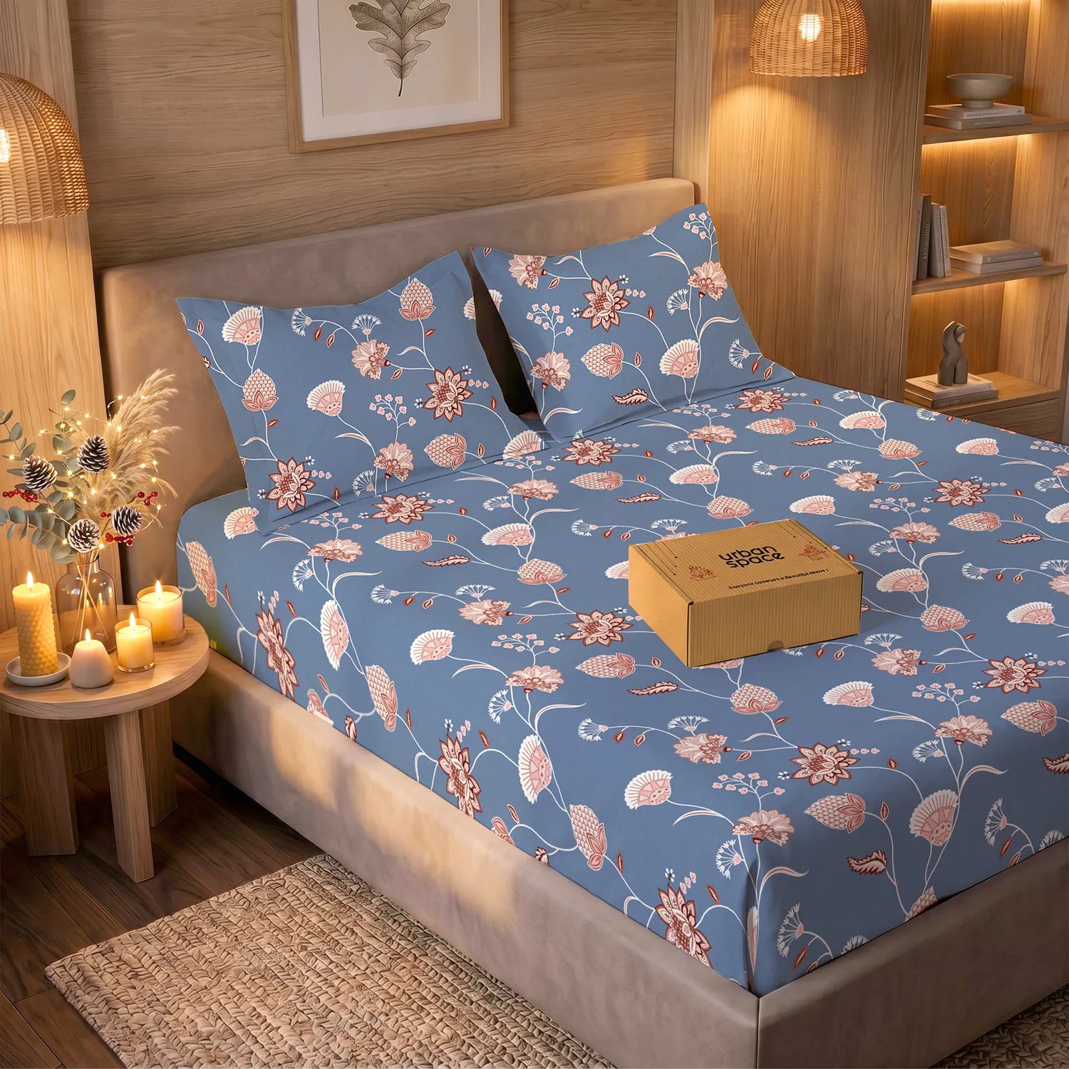 200 TC Glaced Cotton Microfiber Bedsheet in Giftbox with Pillow Covers - Orient Flowers
