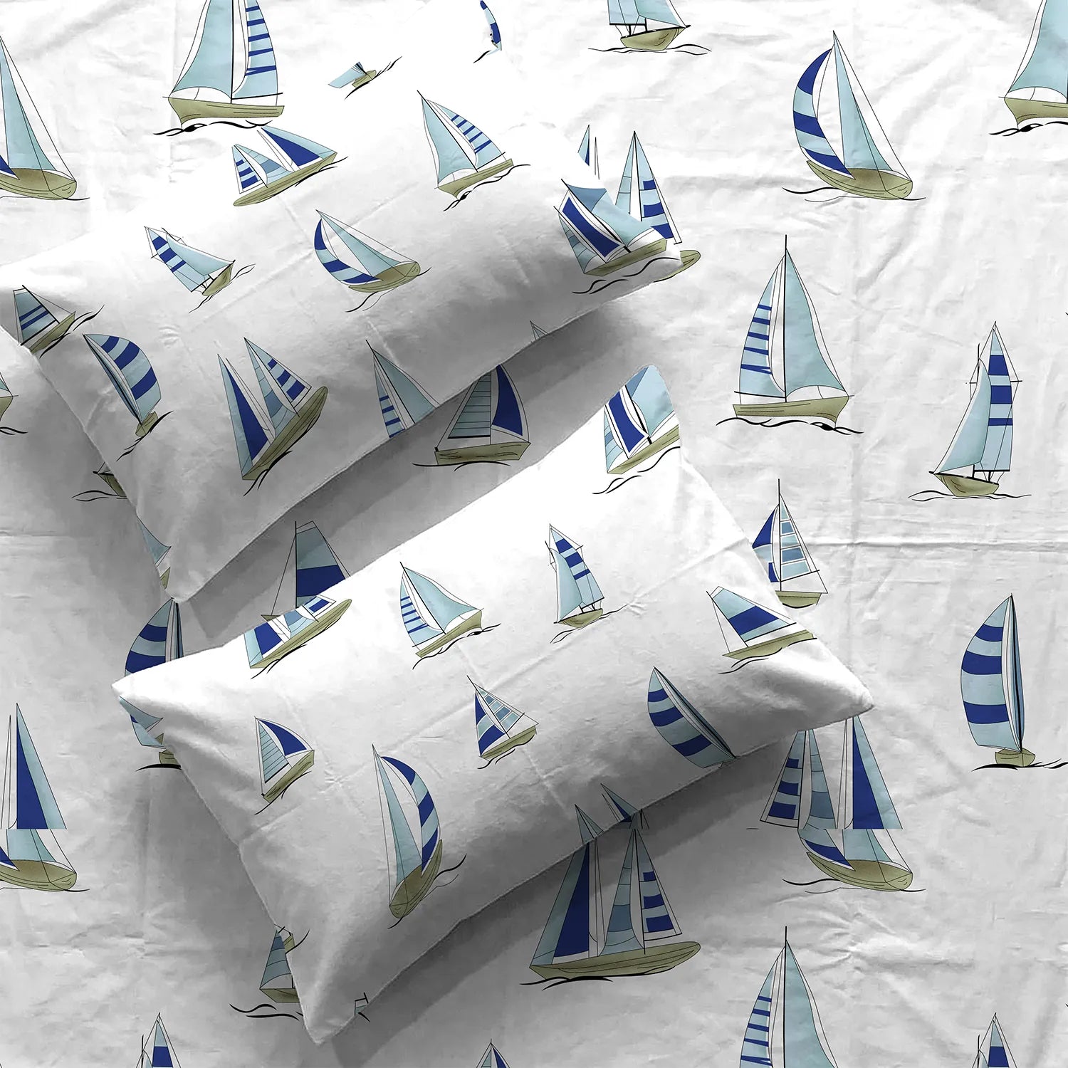 Divine Collection - Cotton Bedsheet With 2 Pillow Covers, Ocean Boats Blue