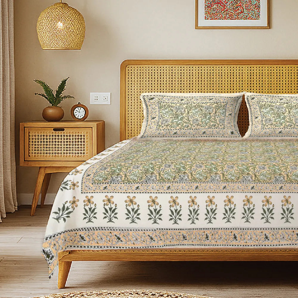 Rajasthani Ethnic 100% Cotton Bedsheet with 2 Pillow Covers, King Bed - Rangrez Yellow