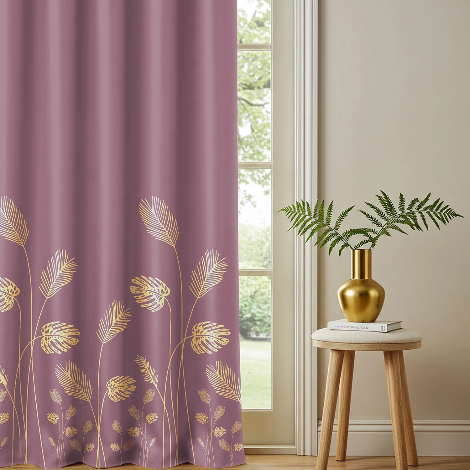 Metallic Foil Printed 100% Blackout Curtains - Pack of 1 Curtain - Aurika Mauve