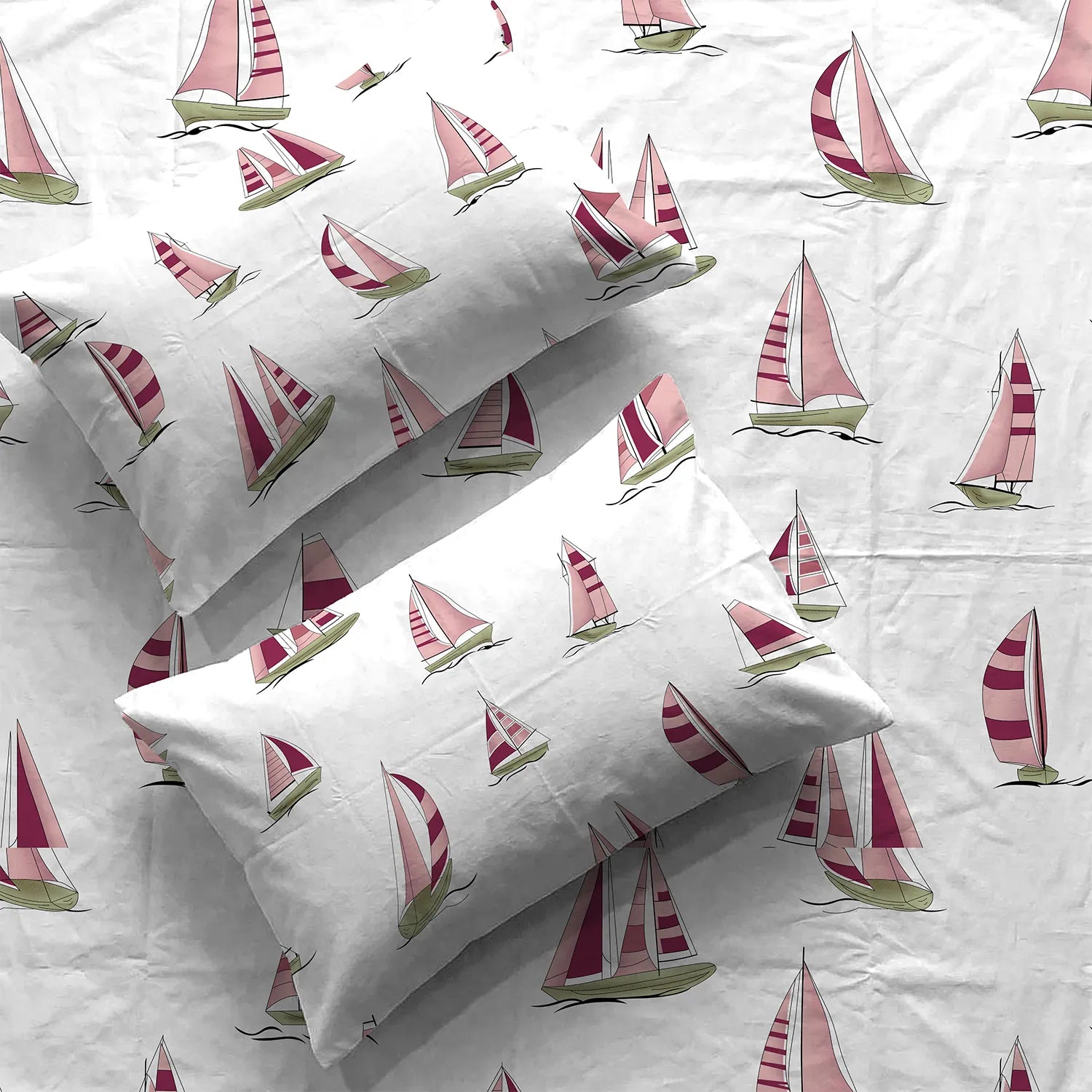 Divine Collection - Cotton Bedsheet With 2 Pillow Covers, Ocean Boats Maroon
