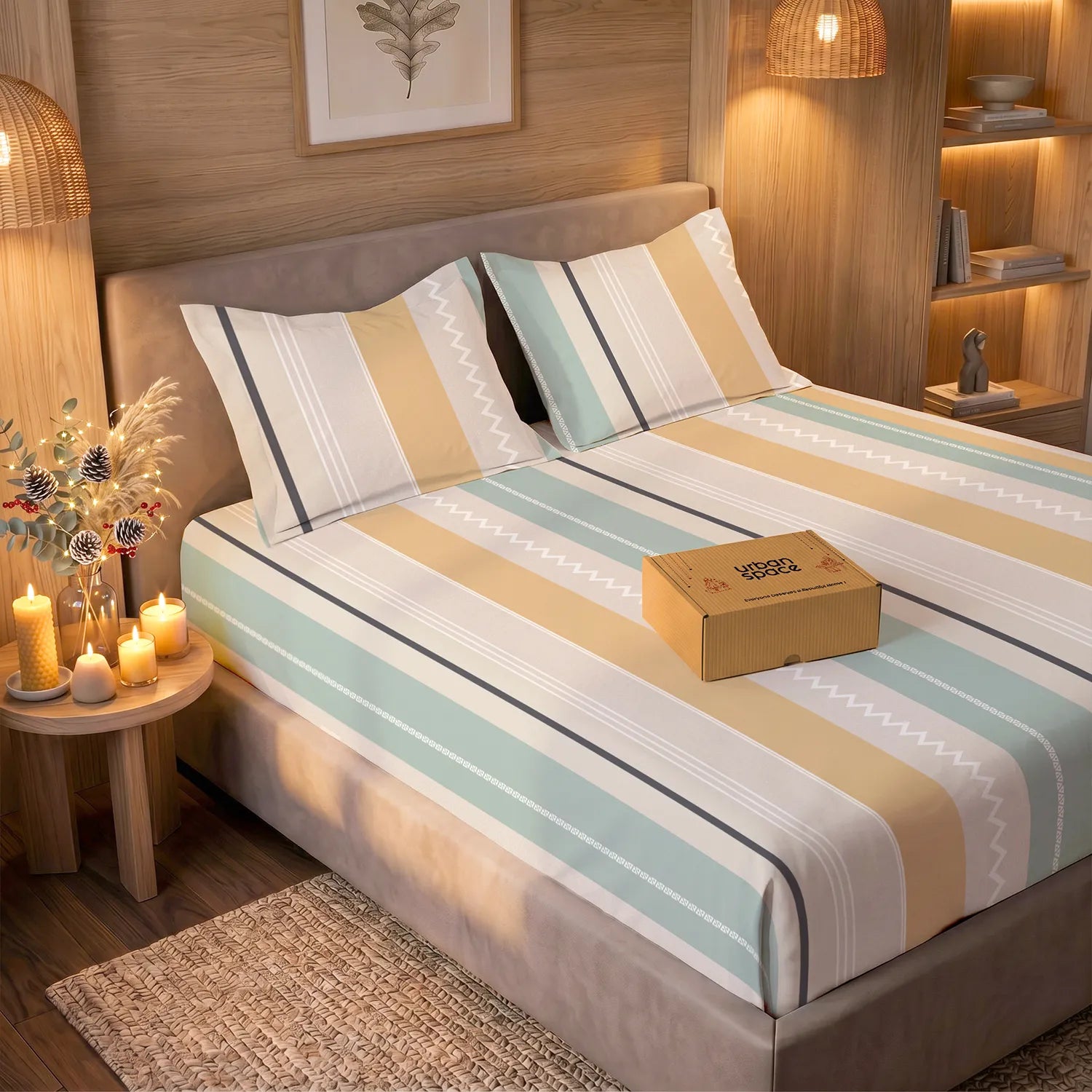 200 TC Glaced Cotton Microfiber Bedsheet in Giftbox with Pillow Covers - River Bands