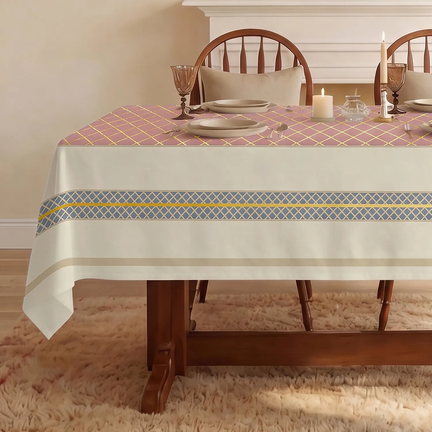 100% Cotton Table cloth/ table cover for 4 or 6 seater Dining / Centre Table - Zari Jaal Dusty Pink Gold