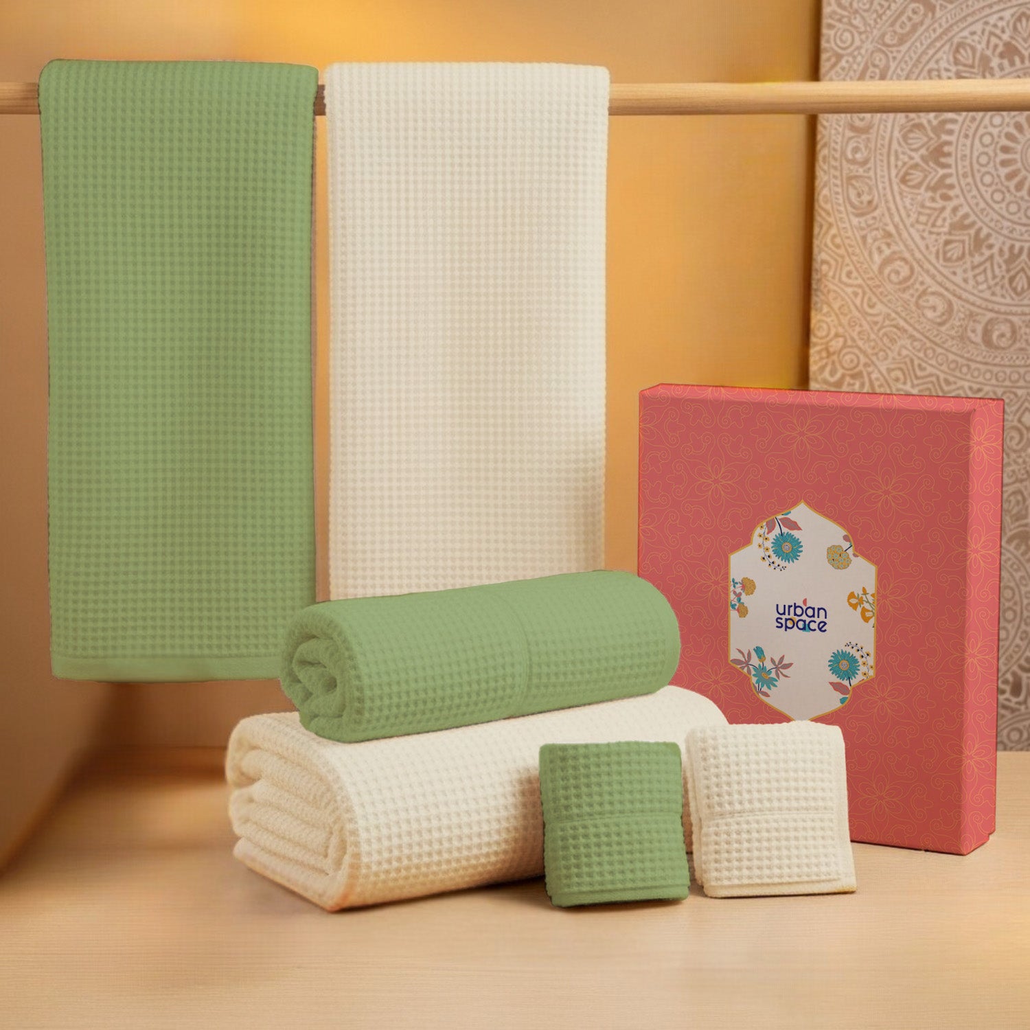 6-Piece Towel Set, Skin Friendly and Quick Dry, in Gift Box, Sage Green & Beige