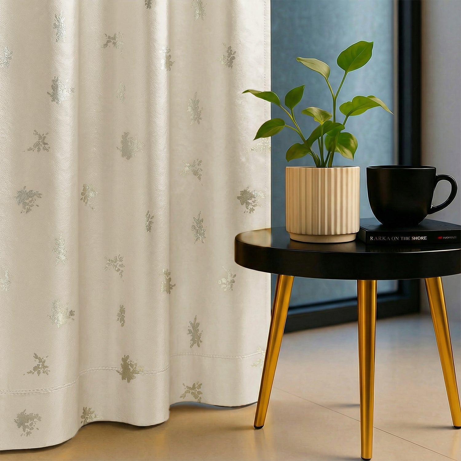 Crackle Beige Metallic Foil Printed 100% Blackout Curtain – Pack of 1