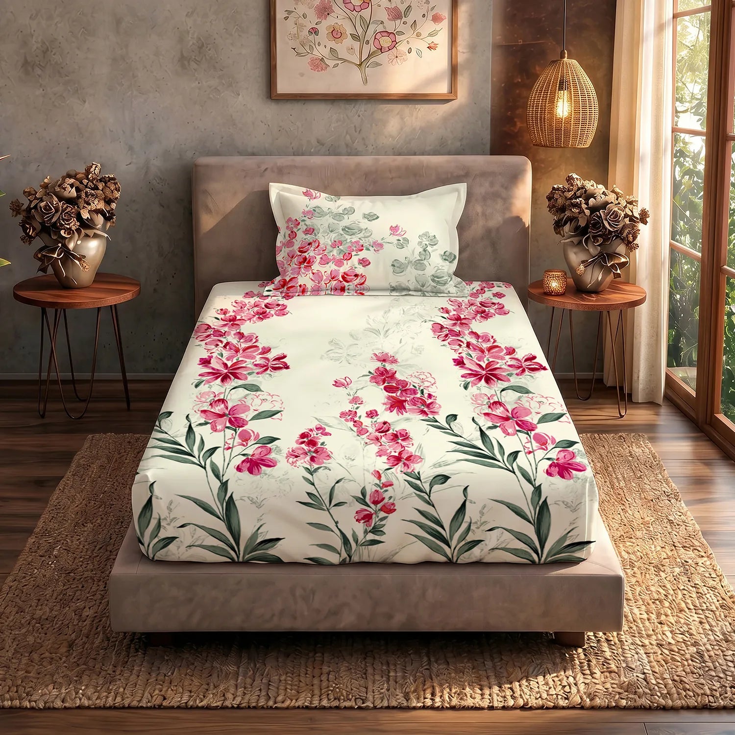 Serene 200 TC 100% Cotton Single Printed Bedsheet with Pillow Covers - Majestic Pink