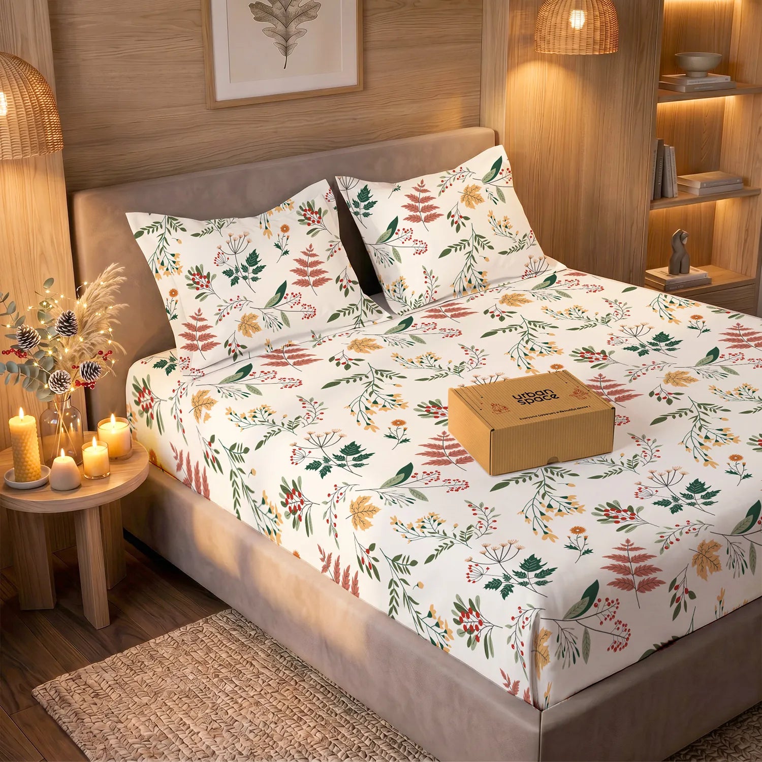 200 TC Glaced Cotton Microfiber Bedsheet in Giftbox with Pillow Covers - Fall Season