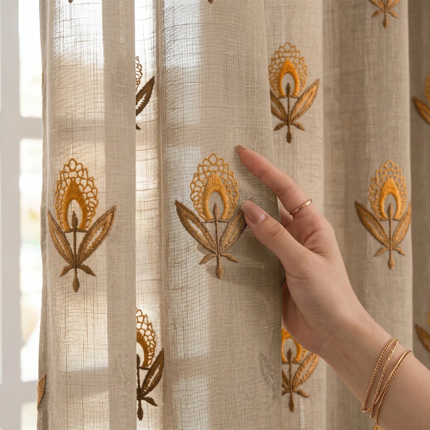 Embroidered Light Filtering Curtains, Pack of 1 - Saanjhi Amber Brown