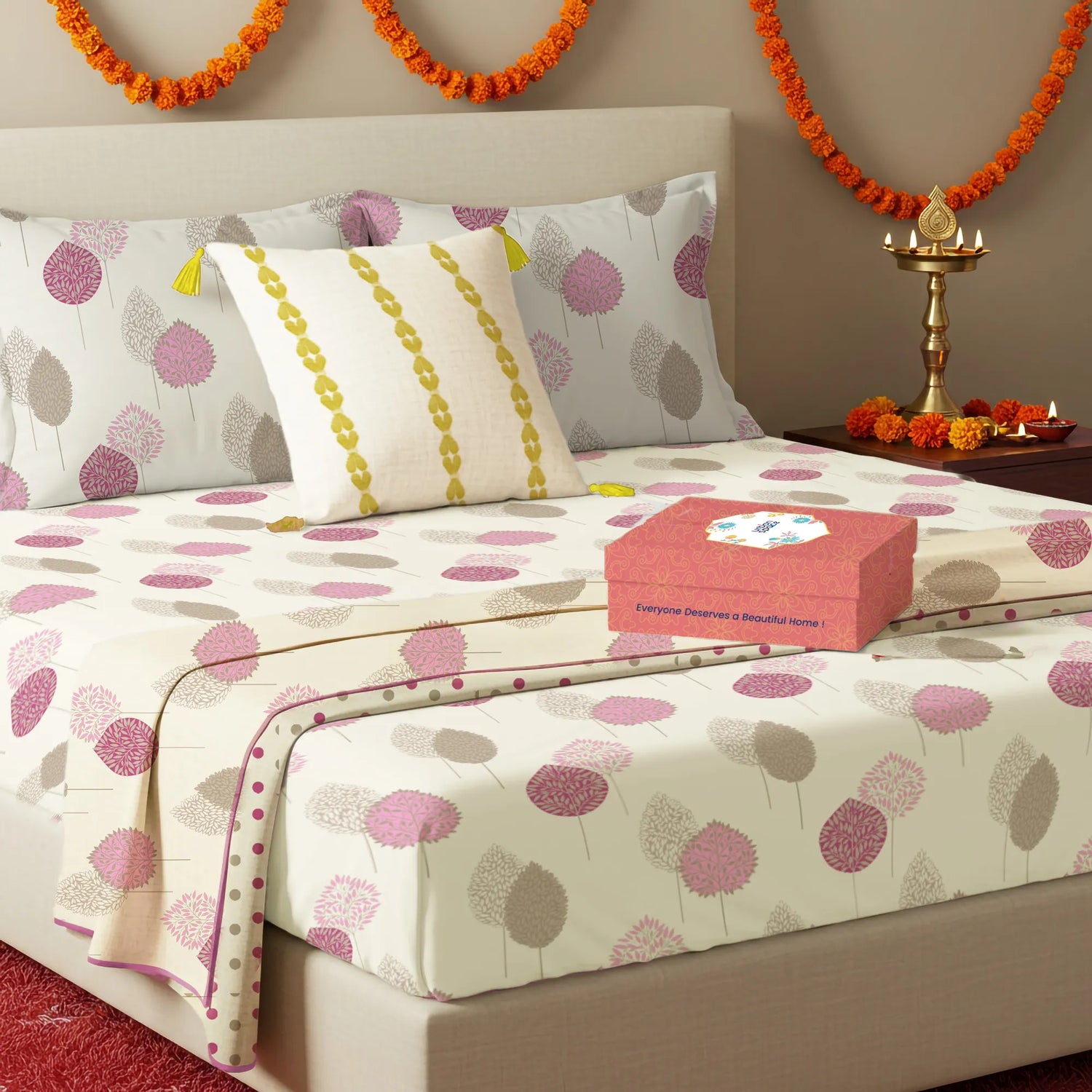 6 Pc Cotton Bedding Set in Gift Box, Drops Pink