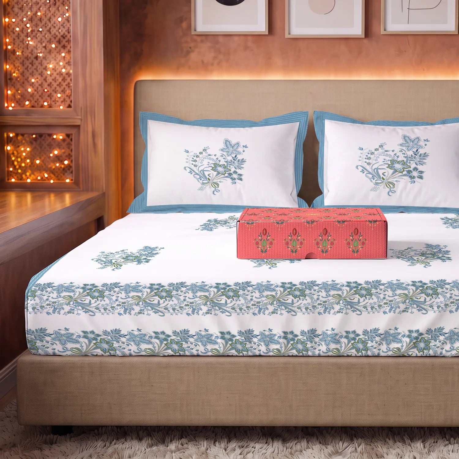 Rajasthani Ethnic 100% Cotton Bedsheet with 2 Pillow Covers in Giftbox, Double Size - Taarini Blue