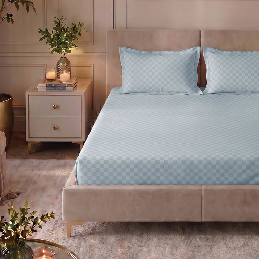 300 TC Super Soft King Bedsheet, Self Woven Cubes Design - Greyish Blue Cubes