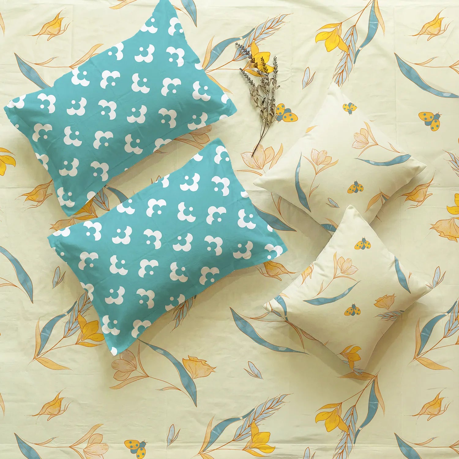 5 PC Cotton Double Bedsheet Set with 2 Pillow + 2 Cushion Covers - Sprinkle Buttercream