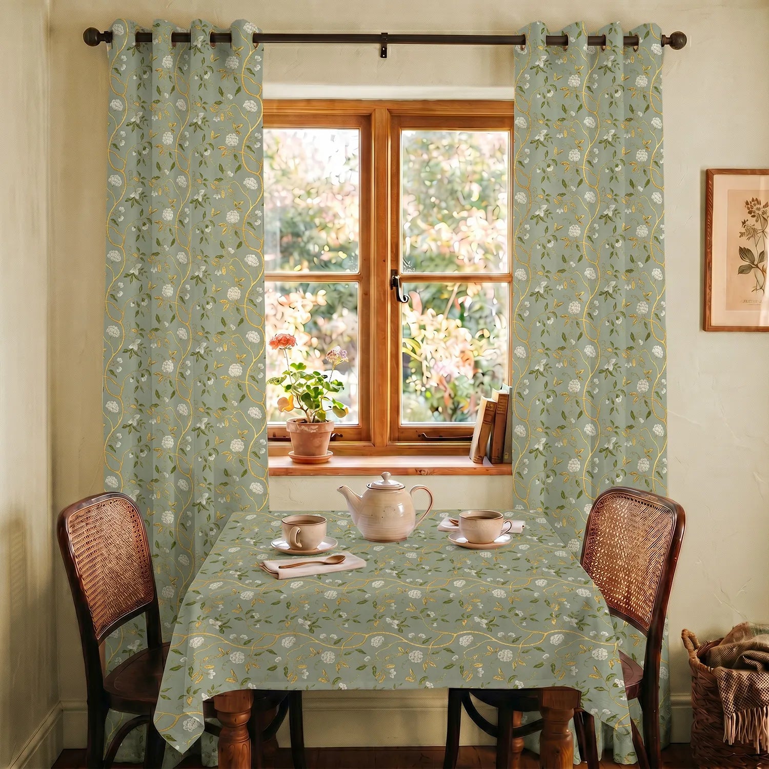 100% Cotton Pack of 2 Curtains & Table Cover Combo for Living Room - Zari Baagh Sage Green Gold