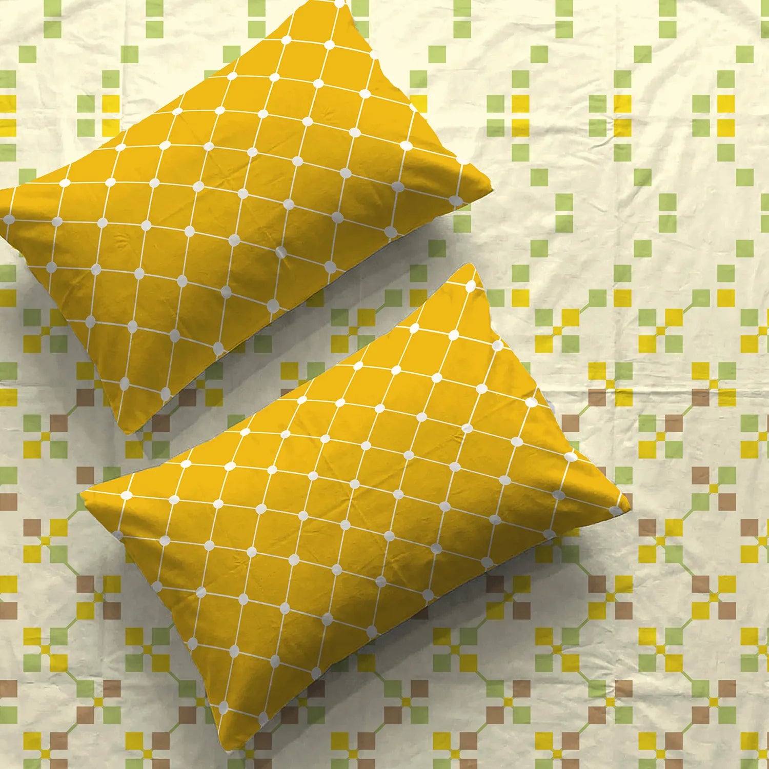 Divine Collection - Cotton Bedsheet With 2 Pillow Covers, Zen Blocks Yellow
