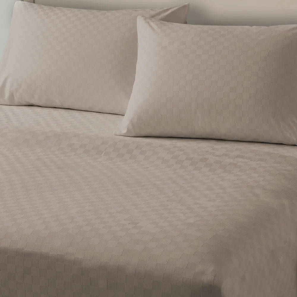 Fitted King Size 300 TC Super Soft Bedsheet, Self Woven Cubes Design - Soft Brown Cubes