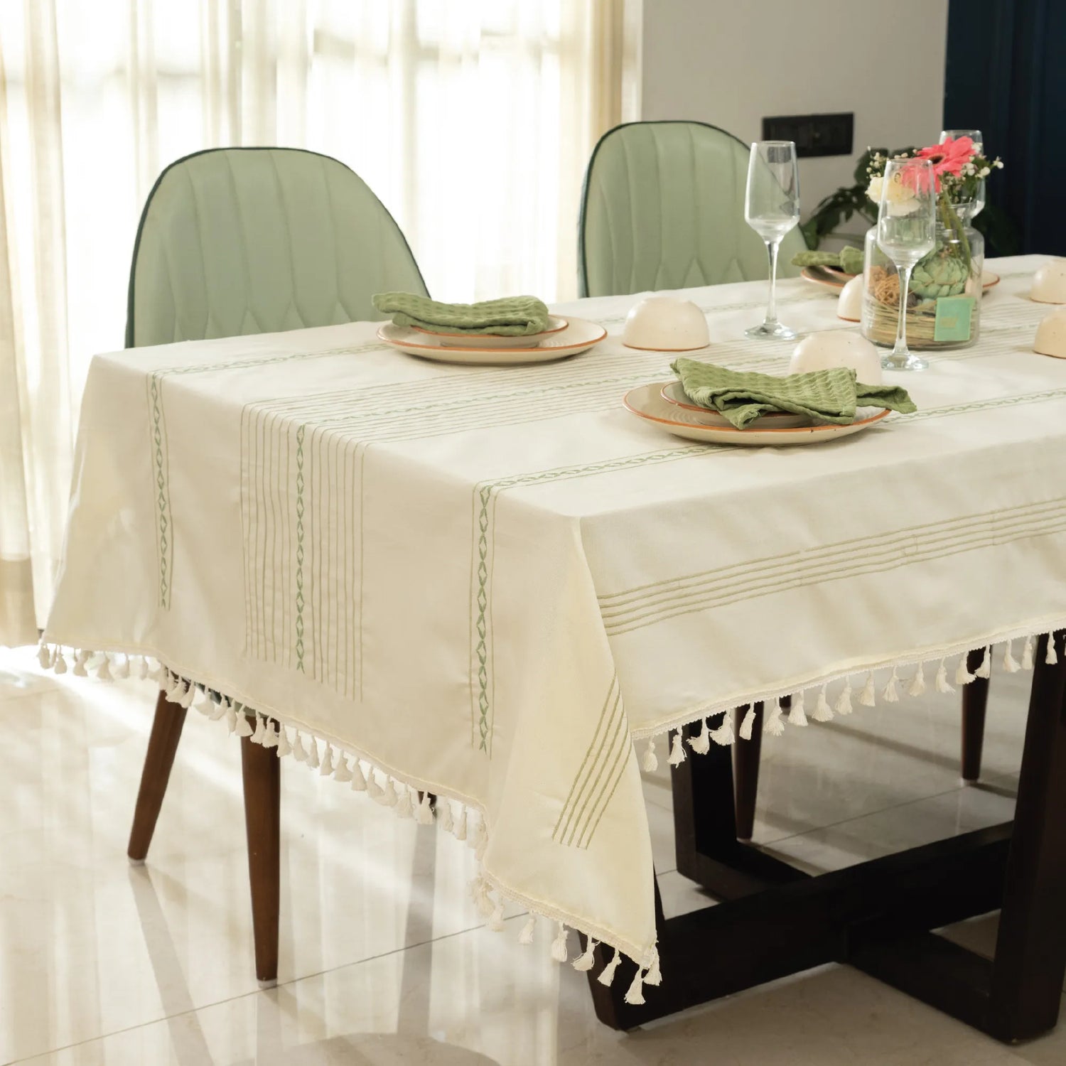 Embroidered Cotton Dining Table, 4 & 6 Seater Table Covers - Jhaalar