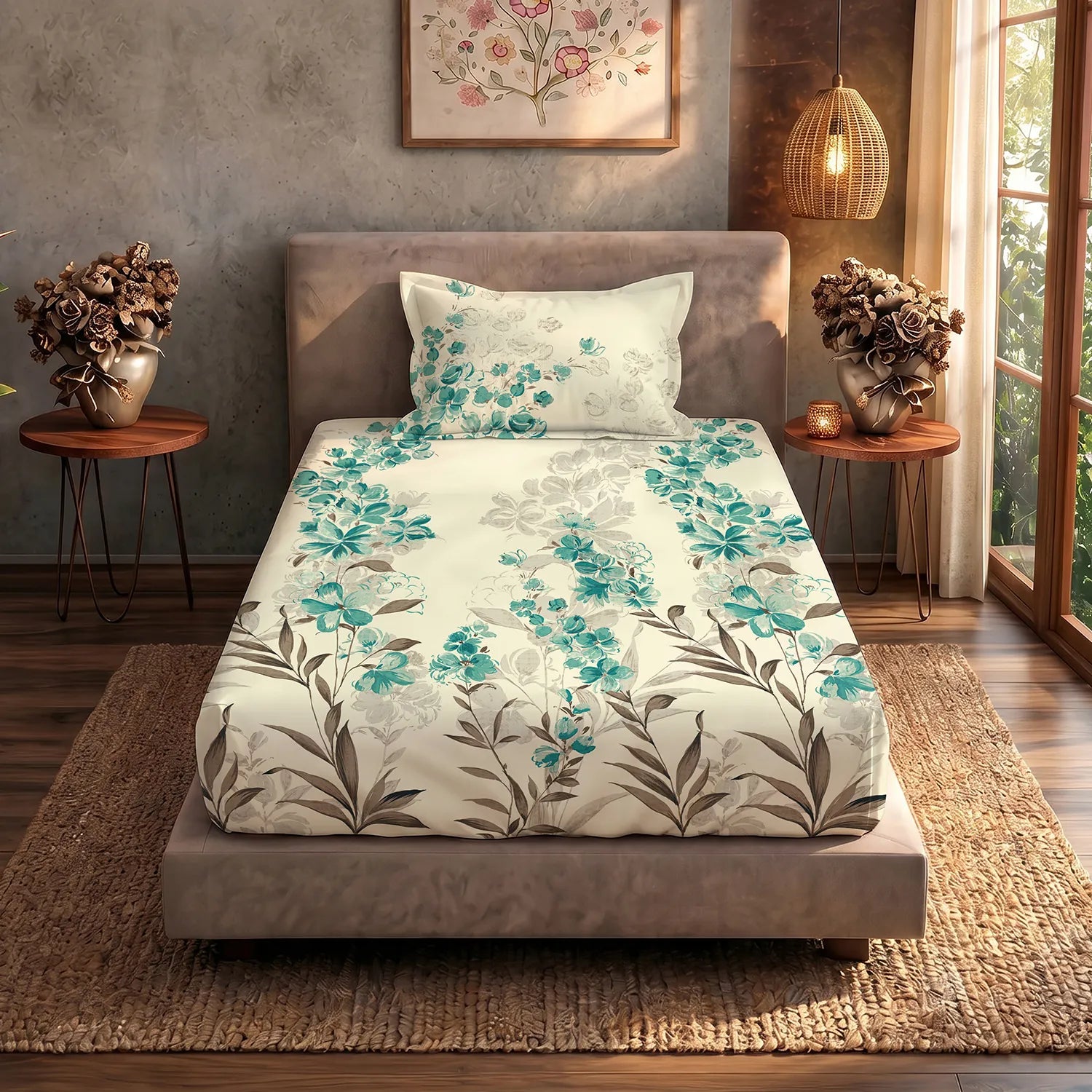 Serene 200 TC 100% Cotton Single Printed Bedsheet with Pillow Covers - Majestic Green