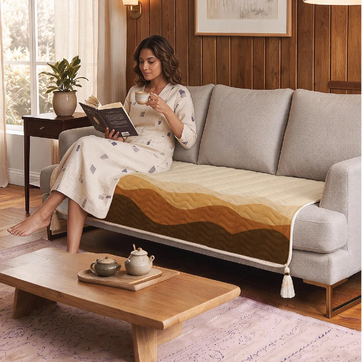 Anti Skid Quilted & Printed Velvet Sofa Mats with Tassels - Safari Brown