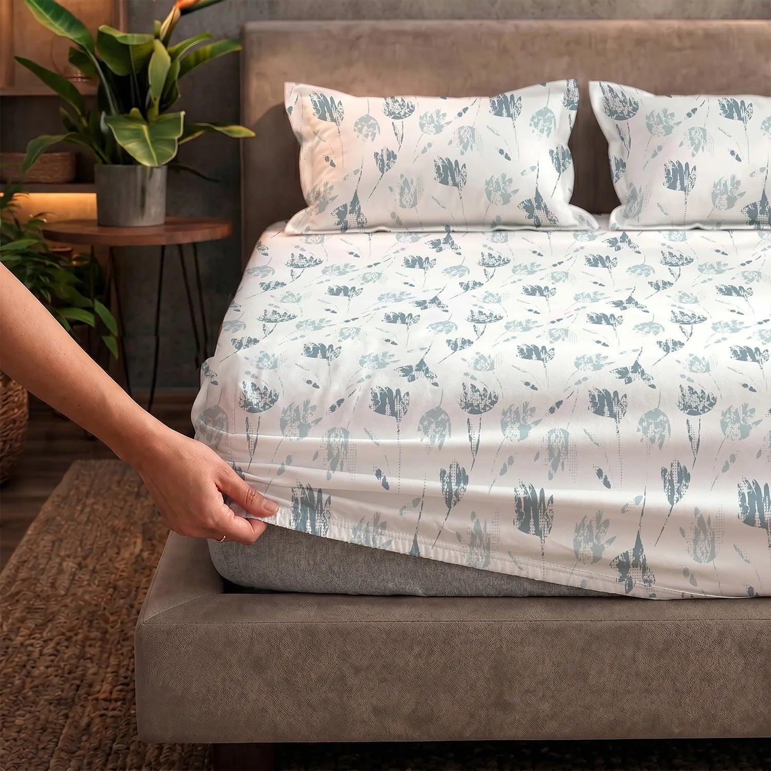 Fitted King Size Cotton Bedsheet - Frosted Tulips Dusty Teal