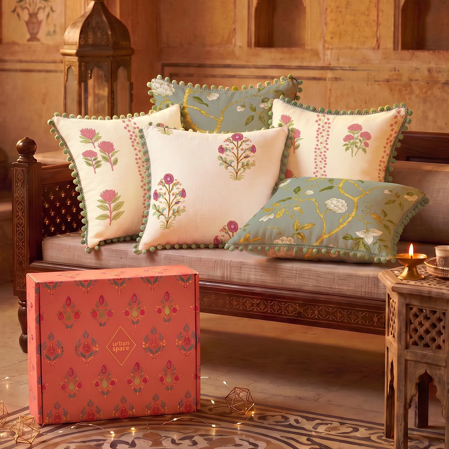 Set of 5 Foil Printed Cotton Cushion Covers in Giftbox - Zari Taupe
